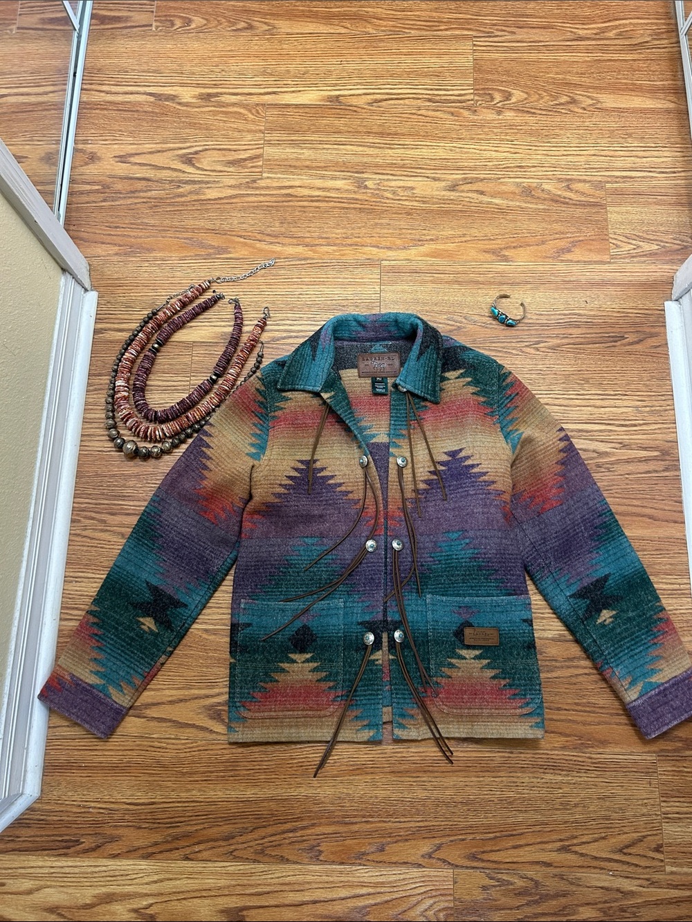 Ralph Lauren Western Teal Purple Rust Patterned Wool Utility Jacket